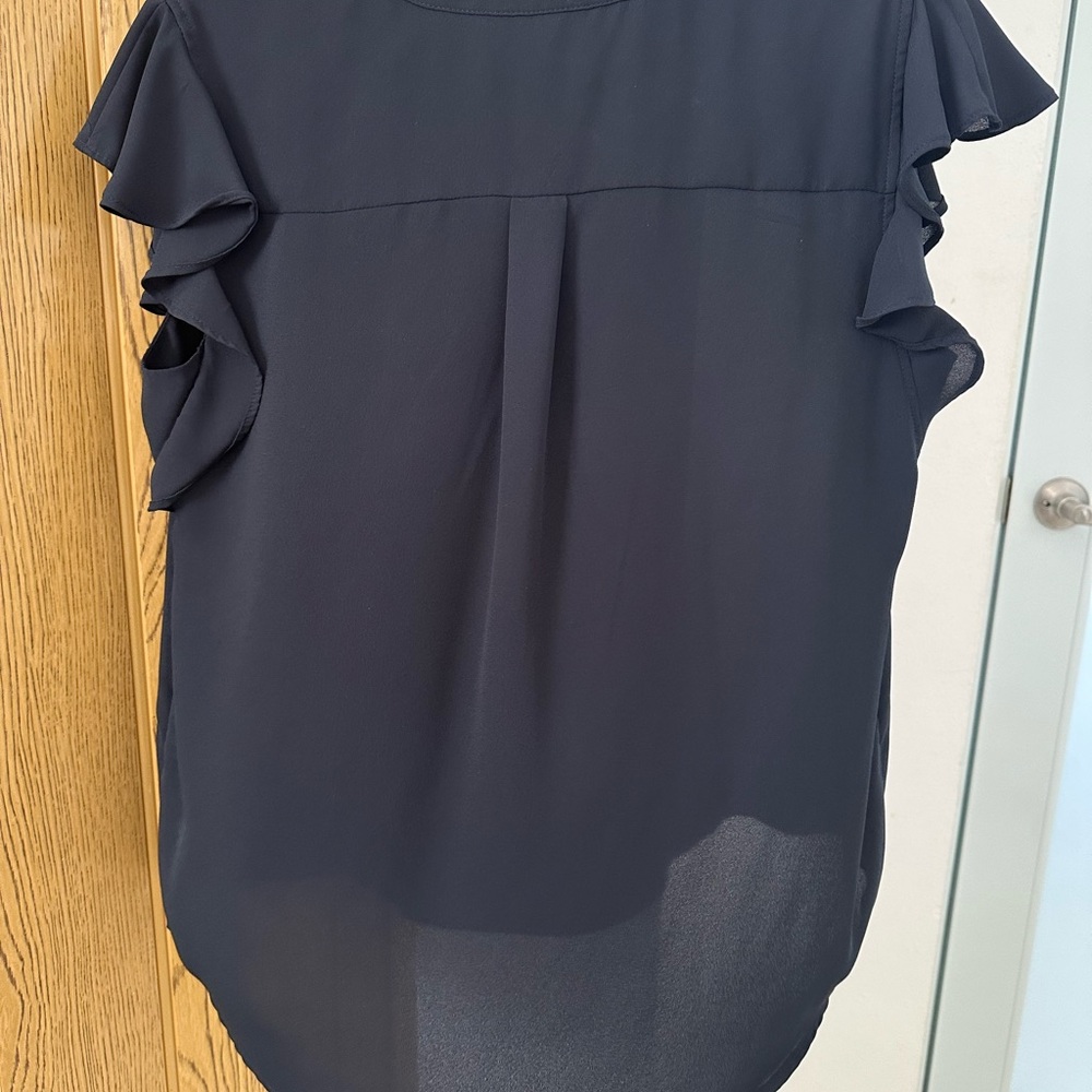 Calvin Klein Navy Sheer Blouse | V-Neck Flutter Sleeve Top | Size S - Picture 5 of 6